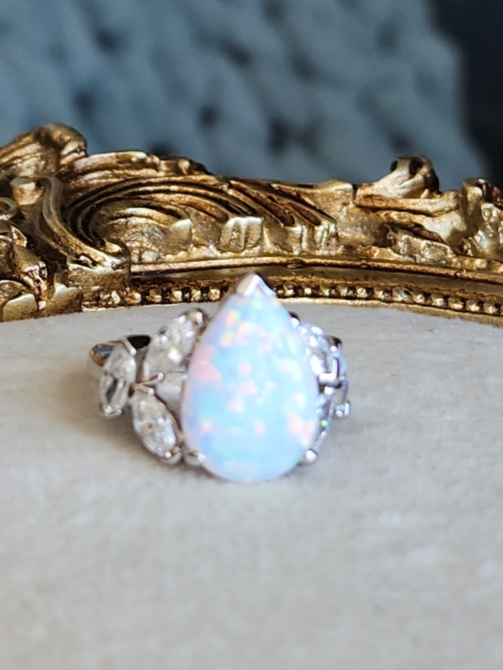 925 Sterling Silver Opal & CZ  Statement Cocktail Ring White Pear Cut Fire 6